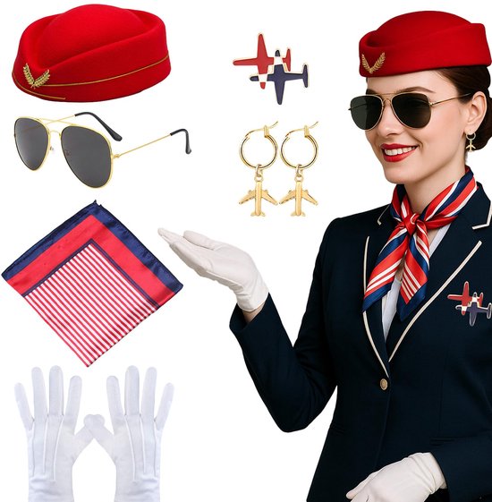 Vluchtuiterst Costume Set - Professionele Vliegtuigpersoneel Outfit - Inclusief Hoed, Sjaal, Handschoenen en Speldjes van Merkloos