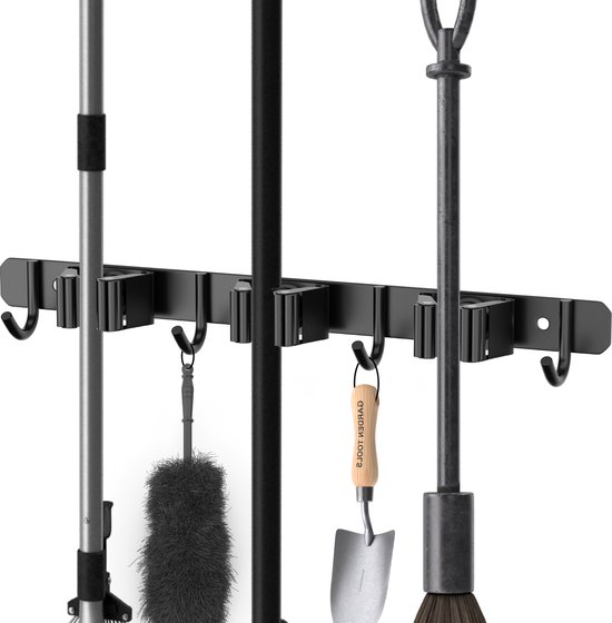 Volcan Bezemhouder - Bezem Ophangsysteem Tuingereedschap - 3 Houders 4 Haken – 3M Tape - Gereedschapshouder - RVS Zwart van Volcan