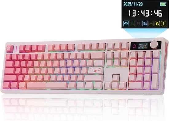 Volledig mechanisch toetsenbord met scherm en knoppen, 10000mAh batterij, BT/2.4GHz, PBT keycaps, hot swap, RGB verlichting, gasket ontwerp, draadloos gaming toetsenbord voor Mac en PC (roze, zeezout stil)