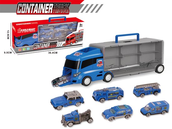 Vrachtwagen set Politie - transporter - 6-delig - Container truck koffer - 36.4 cm van Toi-Toys.