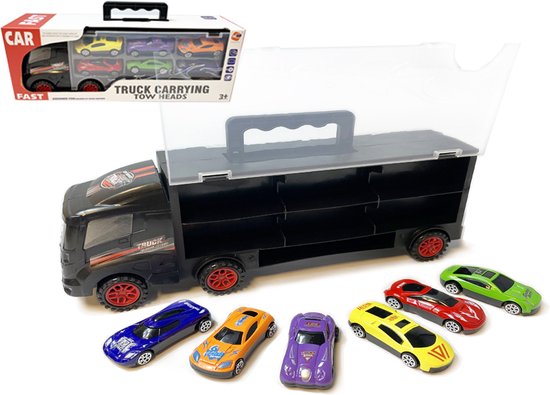 Vrachtwagen transporter truck - speelgoed mini auto's - 6-delig set koffer - Oplegger voor 12 auto's- 31cm van Merkloos