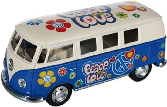 VW model T1 auto busje - hippie style - blauw - 12 cm - terugtrek motor van Green Toys