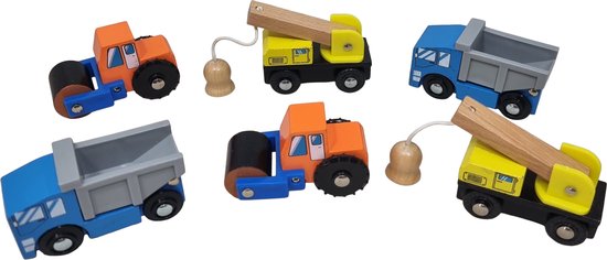 Werkauto's in set van 6 geleverd in 3 soorten past op een treinbaan met rails afmeting auto 8 x 5 x 3,3 cm van Dino's Speelgoed