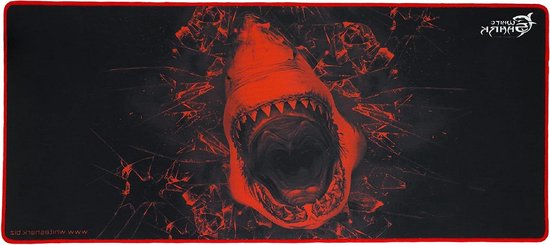 White Shark, Skywalker XL, gaming-muismat, gemaakt van rubber voor mobiele telefoon met anti-slip systeem, rood haai-design op zwarte ondergrond, afmetingen 800 x 350 mm van White Shark
