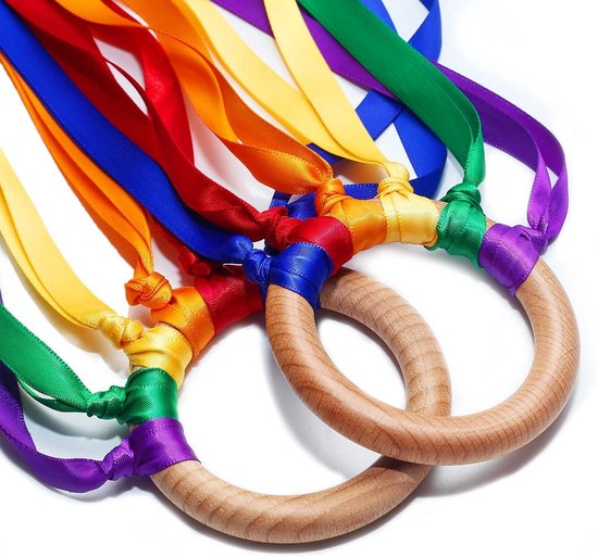 WoodyDoody Regenboog Ring 1 stuk Buitenspeelgoed Rammelaar Bijtspeelgoed Strandspeelgoed van Hout Speelgoed Ringen met Regenboog Lintjes Speelgoed Kinderen - Houten Speelgoed Baby Peuter Speelgoed van Woody