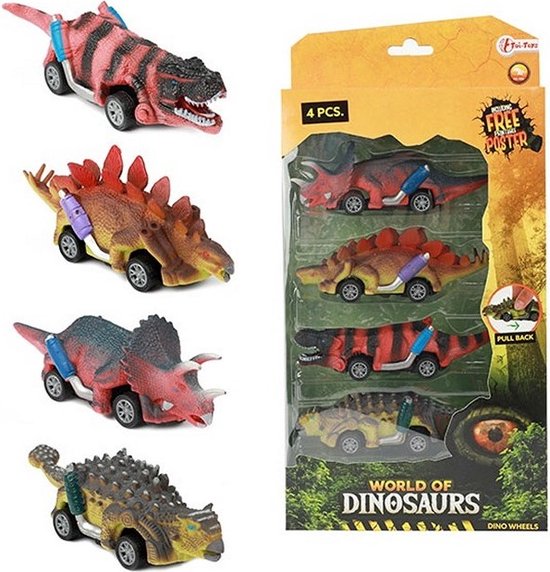 World of Dinosaurs Dino Pullback Auto, 4st. van Toi-Toys.