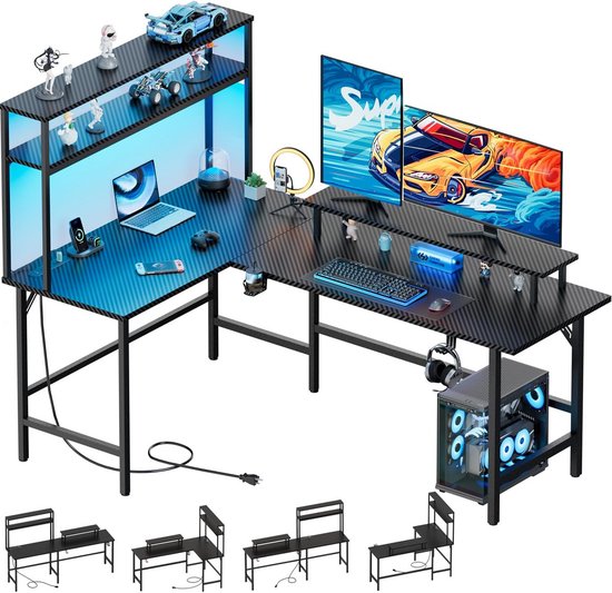 XL Gaming Hoekbureau 170x100 cm met LED verlichting, USB en Stopcontact van Merkloos