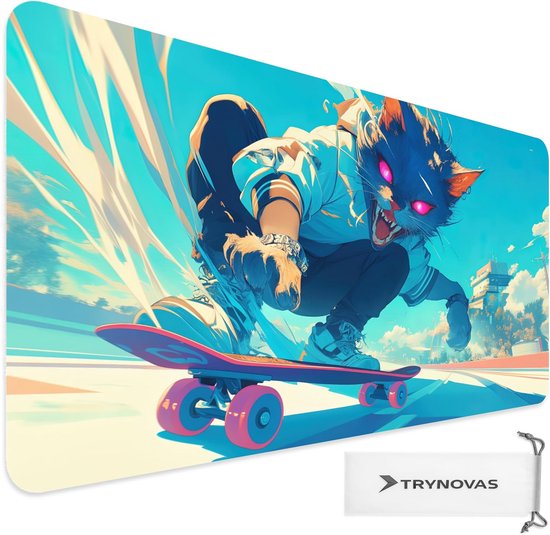 XL Gaming Muismat 30x80 cm Antislip - Anime Kat Skater Design - Bureau & Gaming Onderlegger van Merkloos