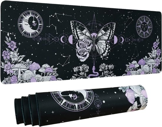 XL Gaming Muismat Goth Stijl - Mooie Zwarte en Paarse Pad met Vlinders, Maanfasen en Galaxy Print - Antislip en Wasbaar - 80x30cm van Vividye