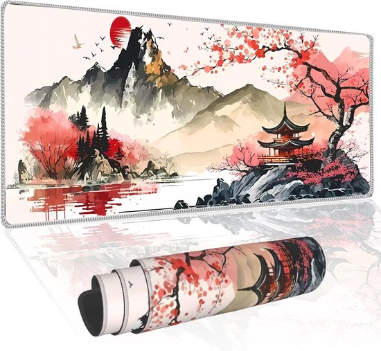 XL Gaming Muismat met Japanse Kersenbloesem Design - 80 x 29 cm - Antislip - Waterdicht - Gestikte Randen