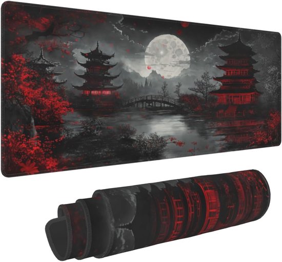 XXL Gaming Muismat Zwart Rood Japans Ontwerp 80x30 cm Bureauonderlegger Antislip van Merkloos