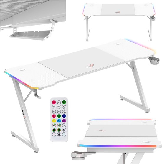 XXL Gaming PC Tafel met RGB LED Verlichting - Inclusief muismat, Hoofdtelefoonhaak, Bekerhouder en Kabelorganisator - 160 x 60 cm - Wit