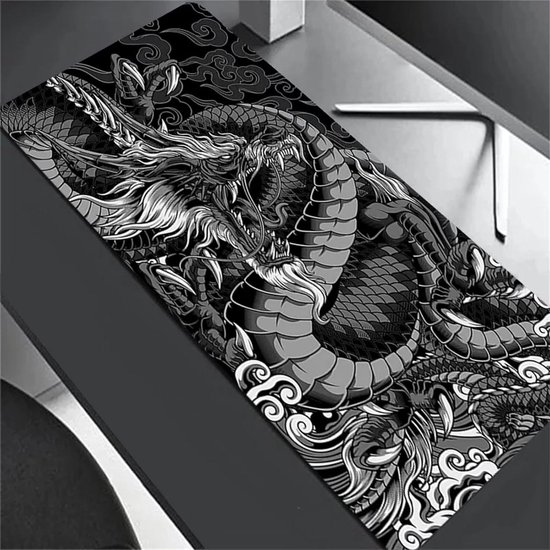 XXL Muismat - Bureauonderlegger Gamingmat - Precisie Gaming - Gestikte Randen - 800x400mm - Zwart Wit Draak van Merkloos