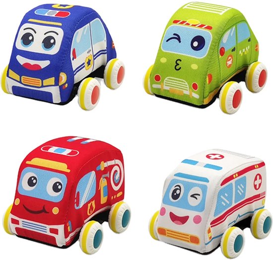Zachte pull back auto's 4 stuks - knuffelauto - knuffels - speelgoed 1 jaar - speelgoed 2 jaar - speelgoed 3 jaar van Totum