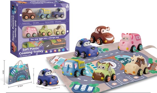 Zachte speelgoedauto's voor baby's en kinderen met speelmat en opbergtas - 6 stuks - bijtspeelgoed - speelgoed 1 jaar - speelgoed 2 jaar van Play at Home