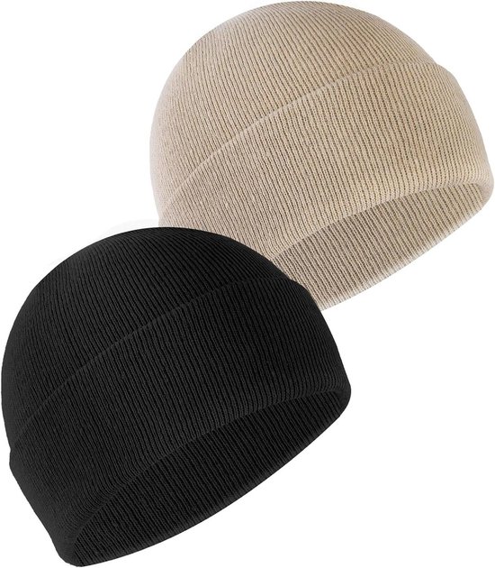 Zachte Wintergebreide Beanie Muts met Manchetten voor Mannen en Vrouwen - Winddicht en Warm - Uniseks - Zwart en Beige
